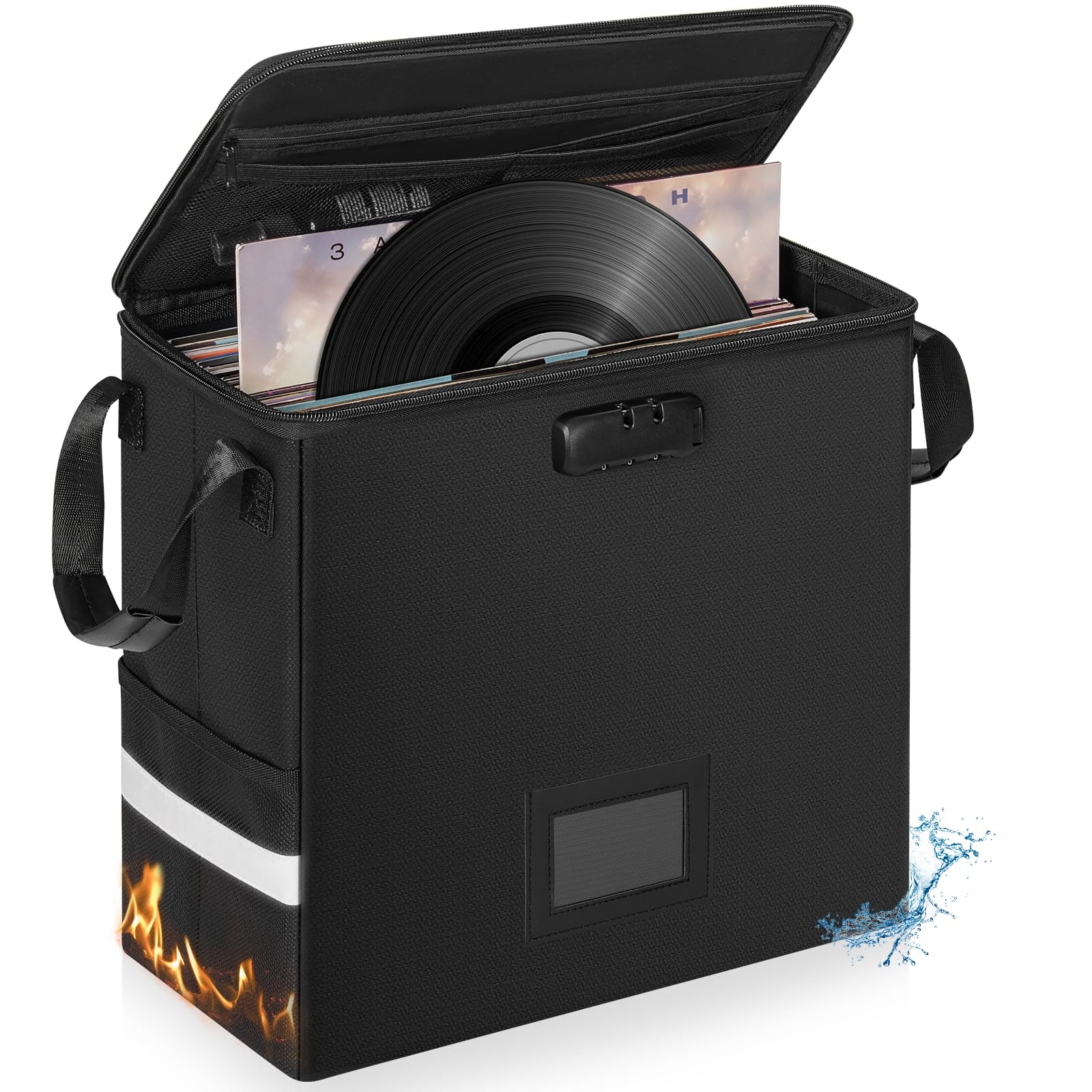 Fireproof Vinyl Record Storage Box Lockable 50+ LP Capacity Organizer Case Black