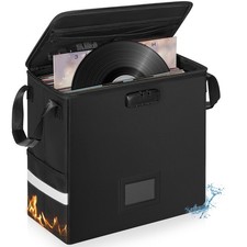 Fireproof Vinyl Record Storage Box Lockable 50+ LP Capacity Organizer Case Black picture
