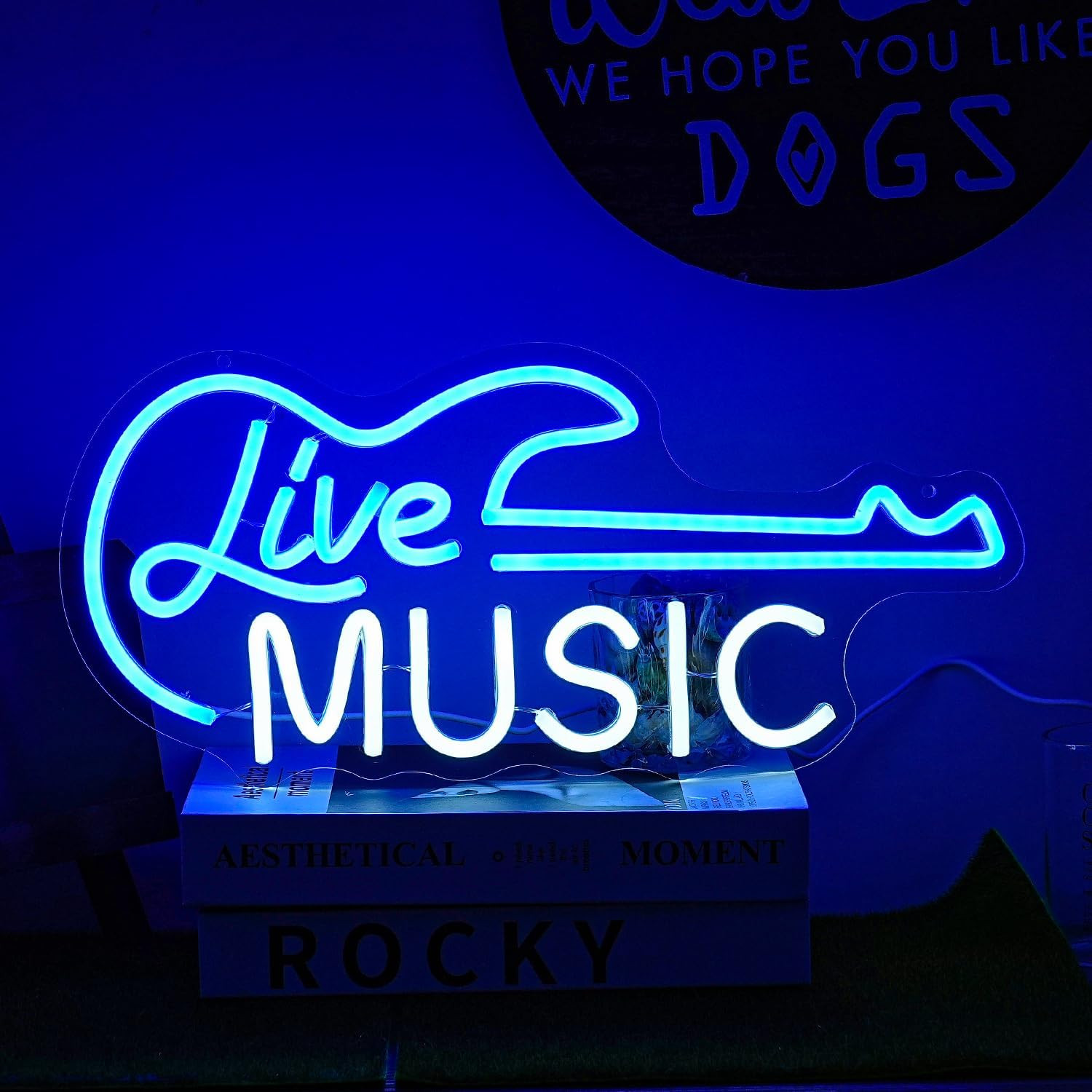 Guitar Neon Sign Blue White Live Music for Wall Decor Dimmable Guitar Led Light
