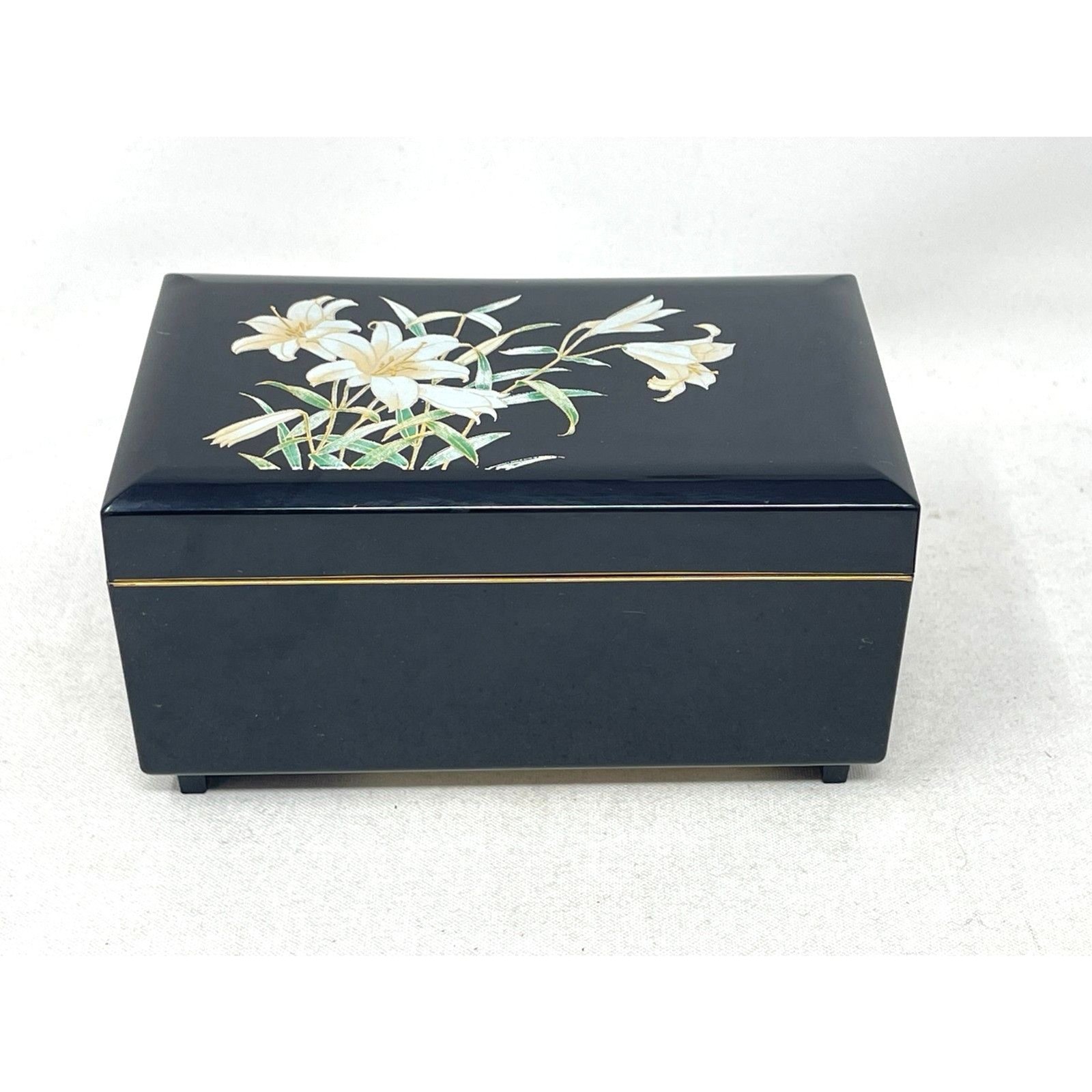 Vintage OTAGIRI Laquerware Blk Music Jewelry Box LILY Plays Waltz of the Flowers