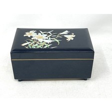 Vintage OTAGIRI Laquerware Blk Music Jewelry Box LILY Plays Waltz of the Flowers picture