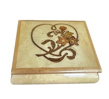 Music Box D Italy Inlaid Wood Heart Flowers Ring Box Memories Italian Vintage picture