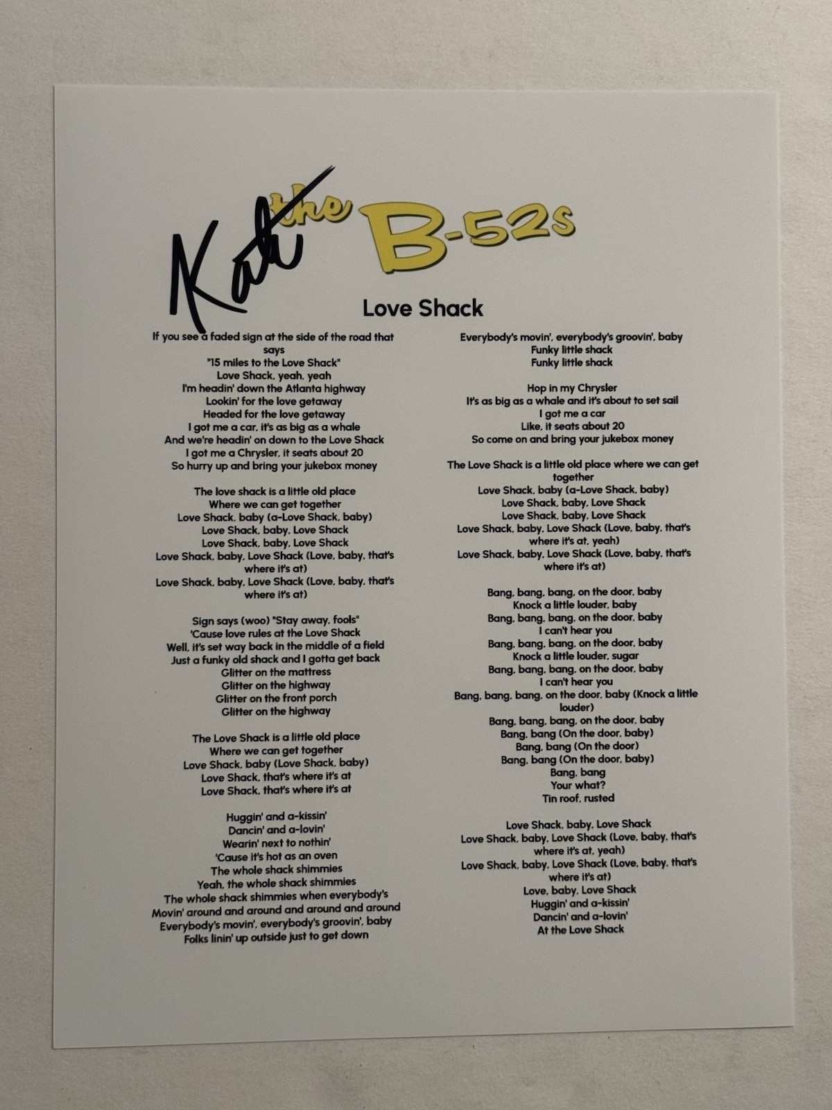 KATE PIERSON SIGNED LYRIC SHEET AUTOGRAPHED B-52s BAND SINGER COA