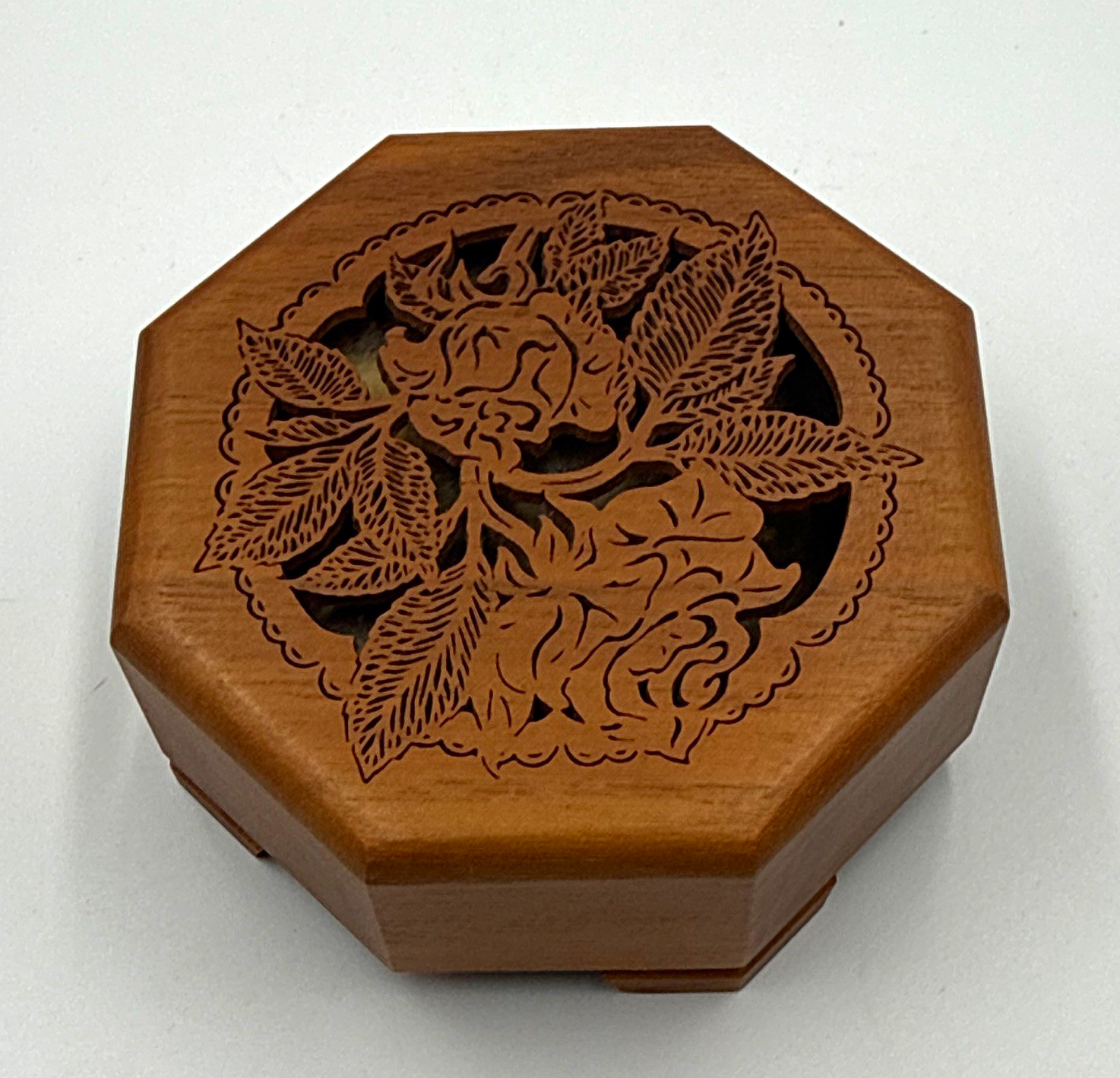  Vintage Lasercraft Walnut Wood Octagon Music Box Laser Engraved Floral Rose 