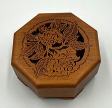  Vintage Lasercraft Walnut Wood Octagon Music Box Laser Engraved Floral Rose  picture