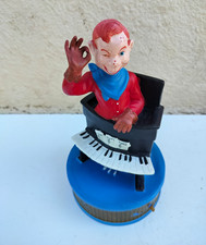 Vintage Wind-Up Music Box Boy Figure at Piano, Red Hair Blue Scarf 6