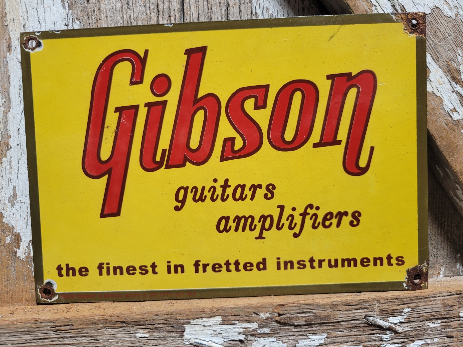 VINTAGE GIBSON GUITAR PORCELAIN SIGN RARE OLD AMPLIFIER MUSICAL INSTRUMENT BASS