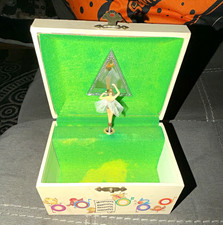 Vintage Style 1980 Ballerina Music Jewelry Box, Spinning Dancer, White/Green picture