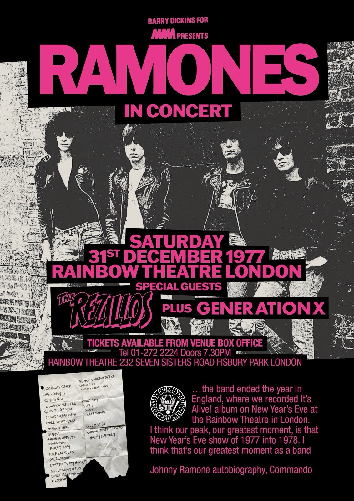 Ramones NYE 1977 Rainbow Theatre, London It’s Alive commemorative A1 Poster