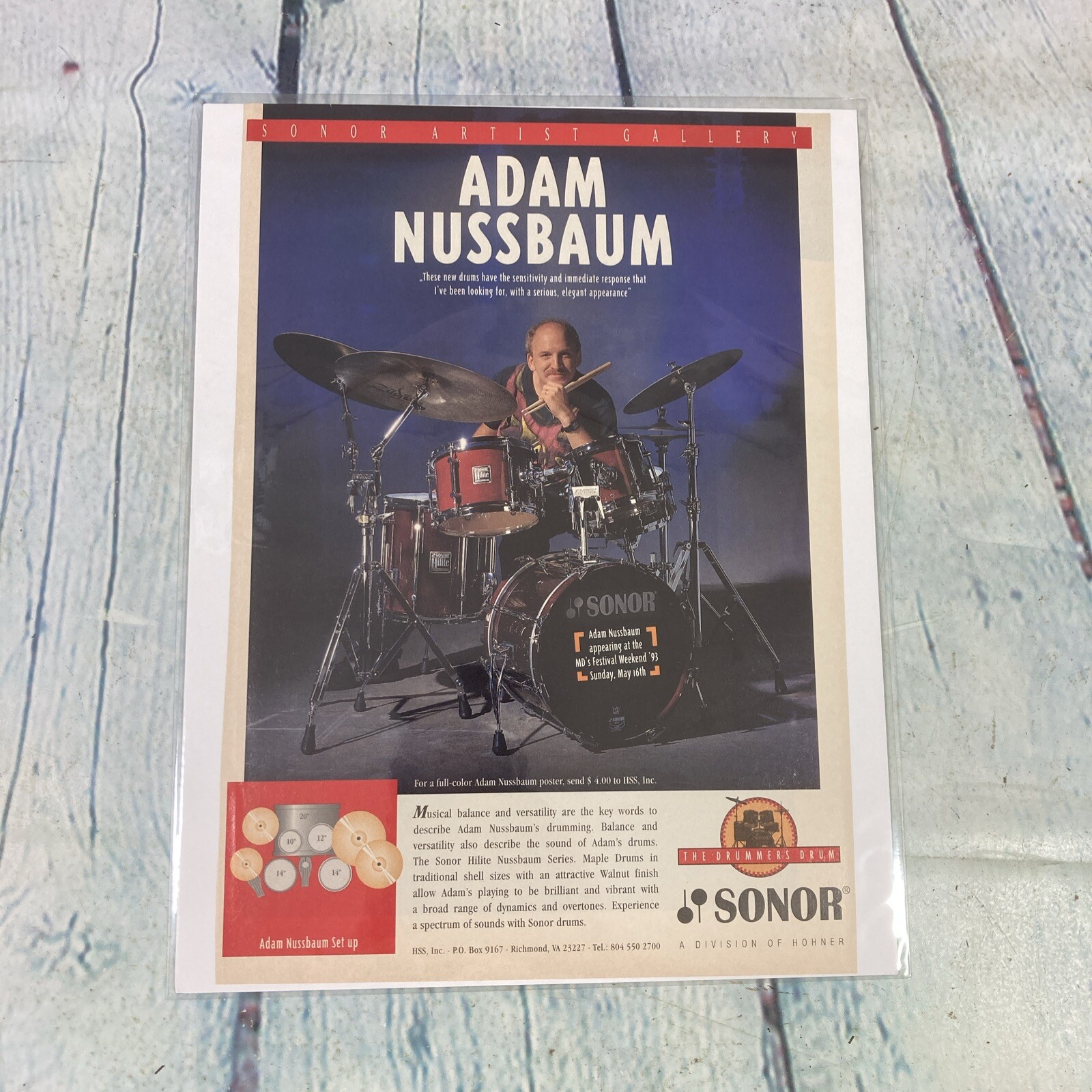 1993 Sonor Drums Set Drummer Adam Nussbaum Vtg Print Ad/Poster Pinup Magazine Pg