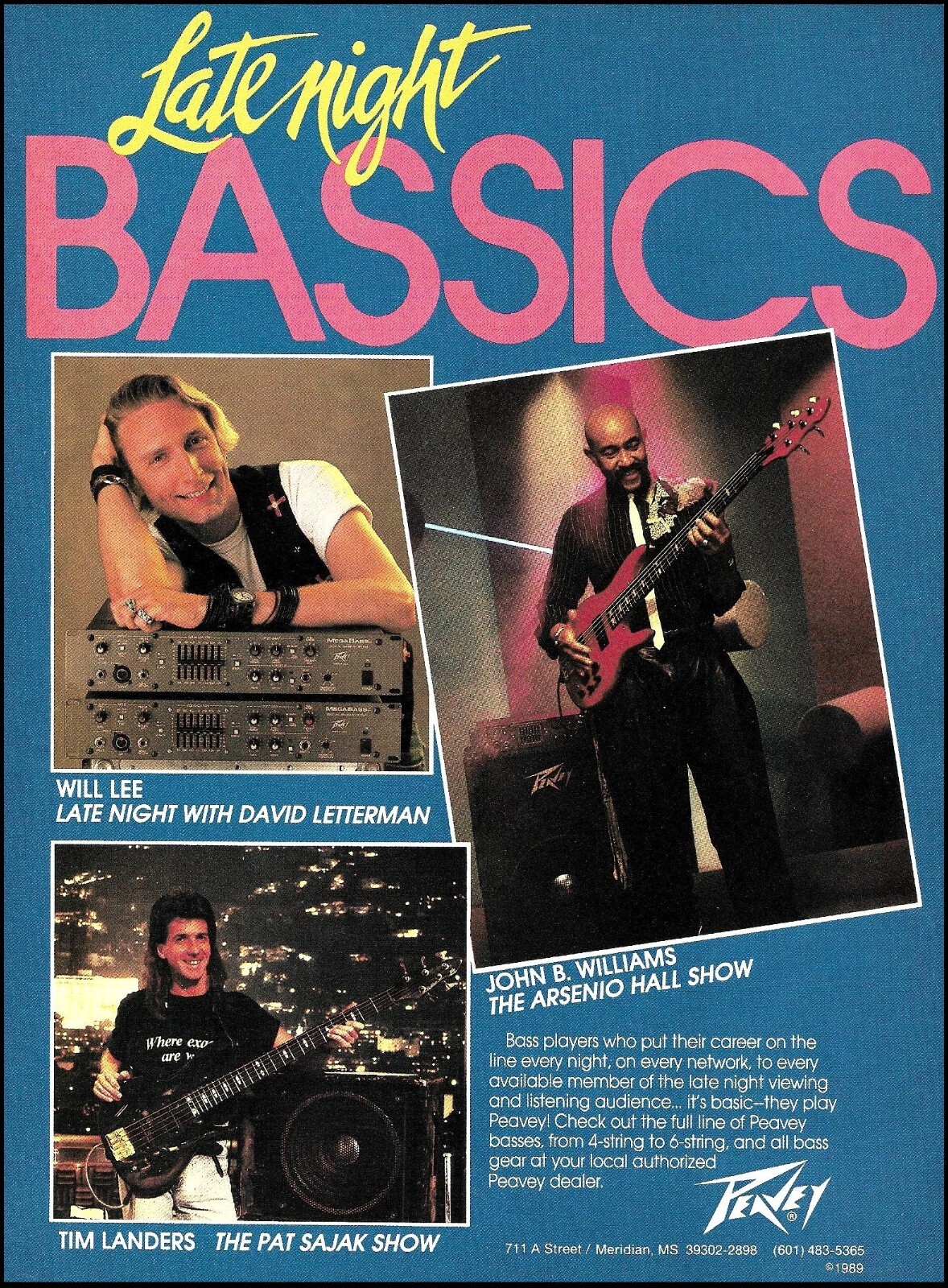 Peavey Bass guitar players Will Lee Tim Landers John B. Williams 1989 ad print