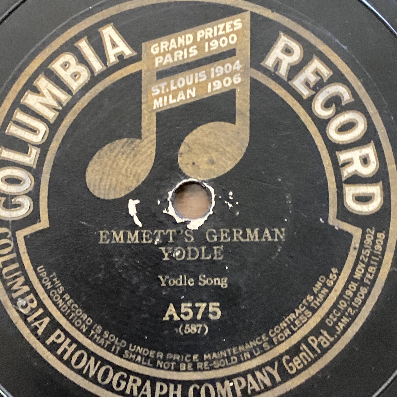 1904 GEORGE P. WATSON 78 rpm COLUMBIA A575 EMMETT\'S GERMAN YODEL V