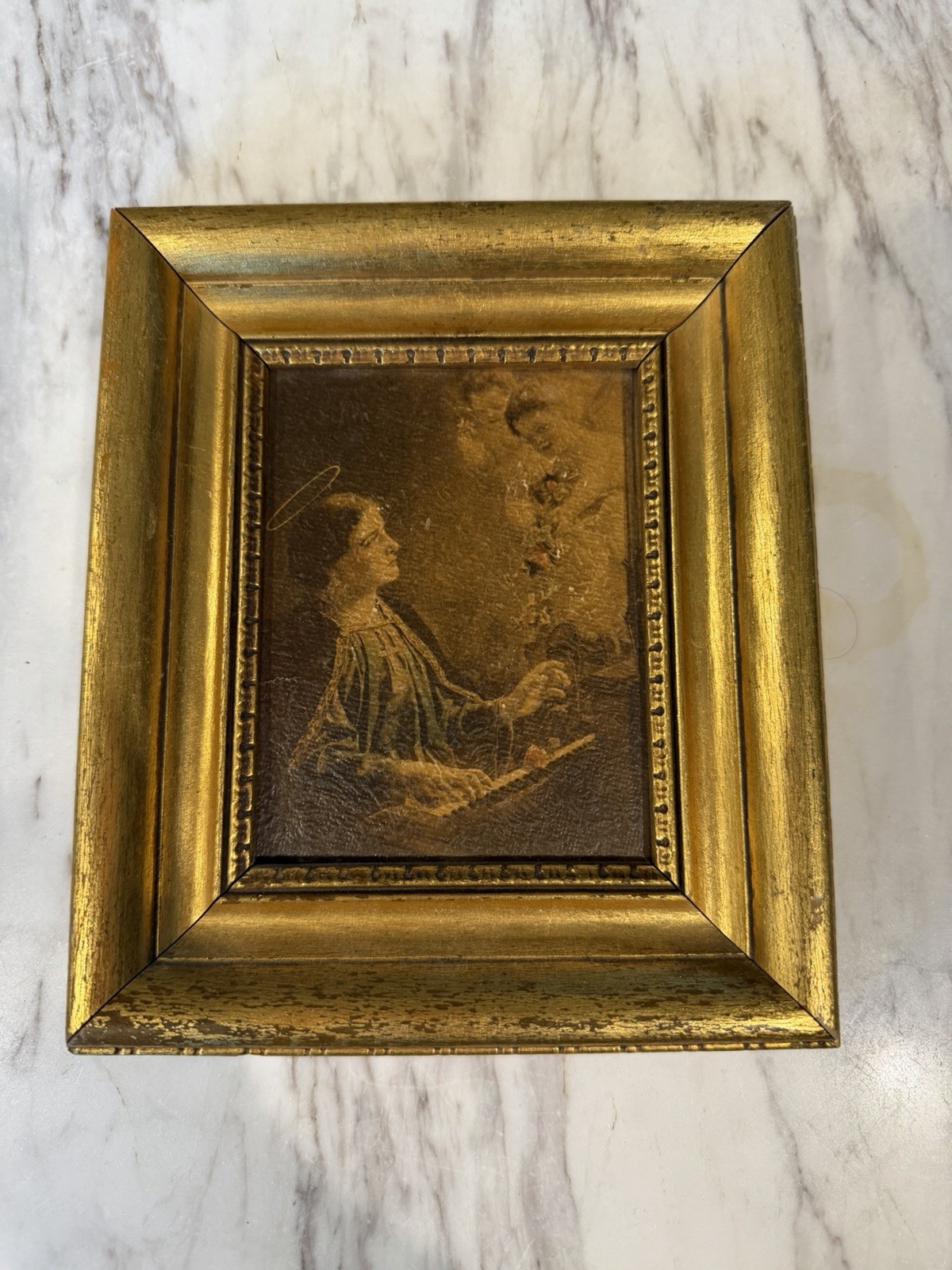 Vintage St Cecilia Patron Saint Music Piano Angels Gold Framed Print 6.25 x 7.25