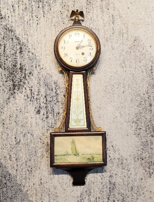 Vintage New Haven 8-Day Banjo Wall Clock 1920s-1940s Eagle Finial Sailboat