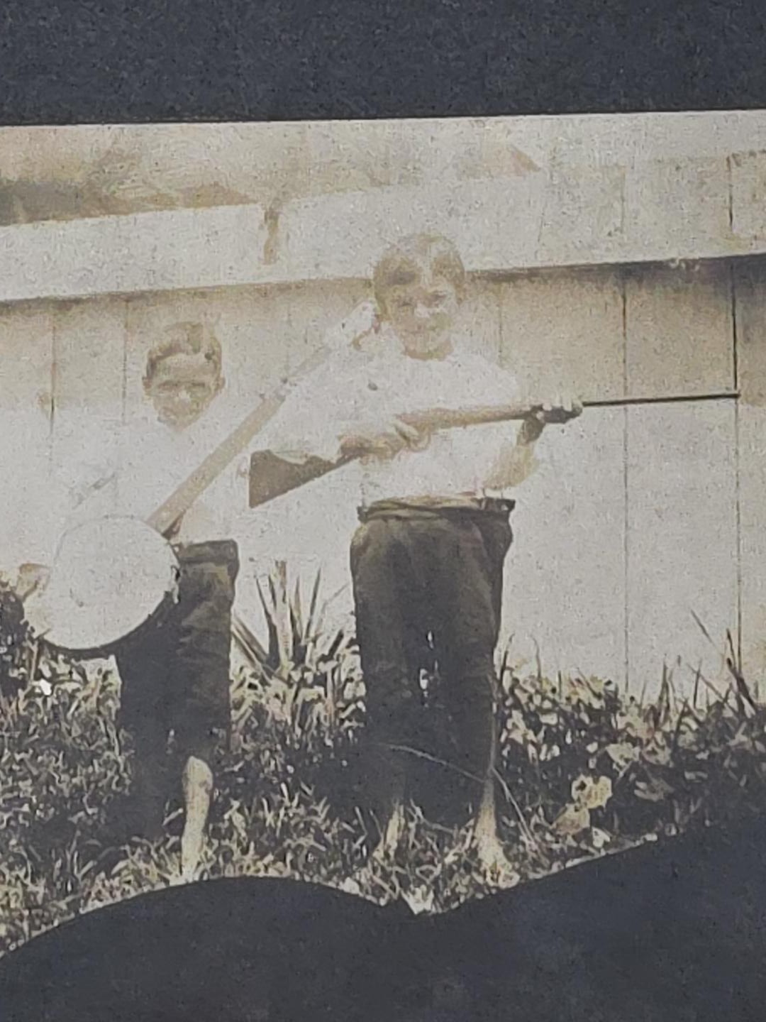 Antique Photo Children with Banjo & Rifle Gun c1910 Oddity Americana