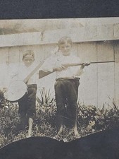 Antique Photo Children with Banjo & Rifle Gun c1910 Oddity Americana picture