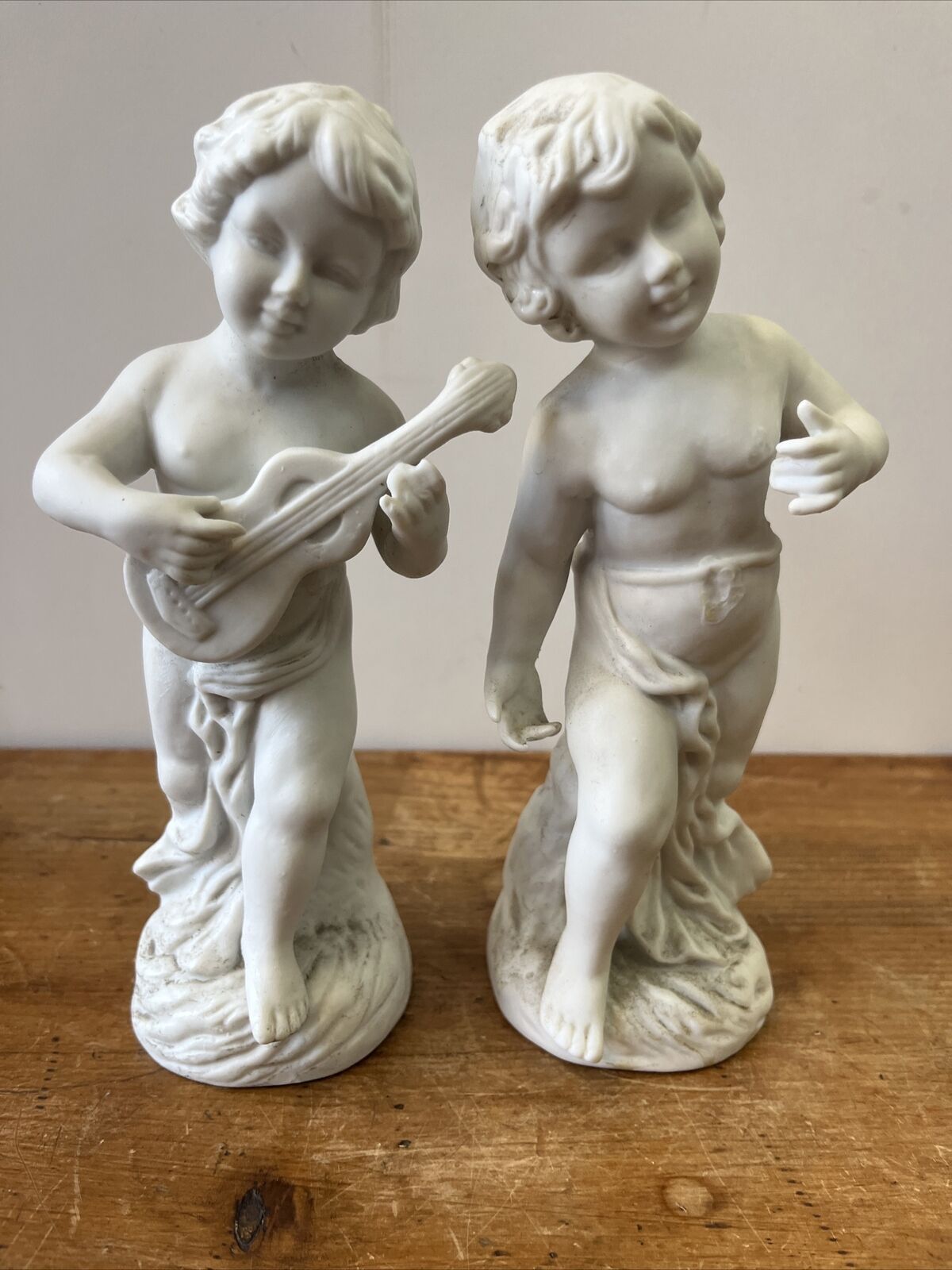 pair antique  White bisque angel figurines Statue Playing Guitar