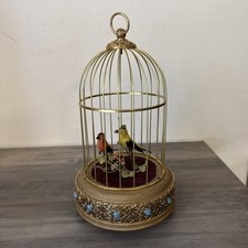Not Working Vintage~West Germany~(2) Birds Gold Cage Wind Up Automaton Music Box picture