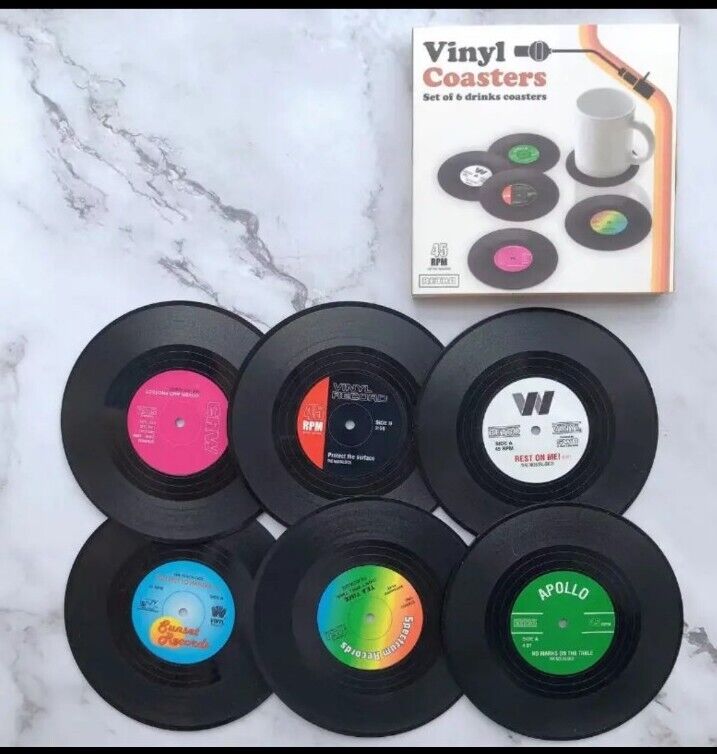 Nostalgic Coasters Vintage Vinyl Record Drink Coasters Mini Funny Album 6pc 