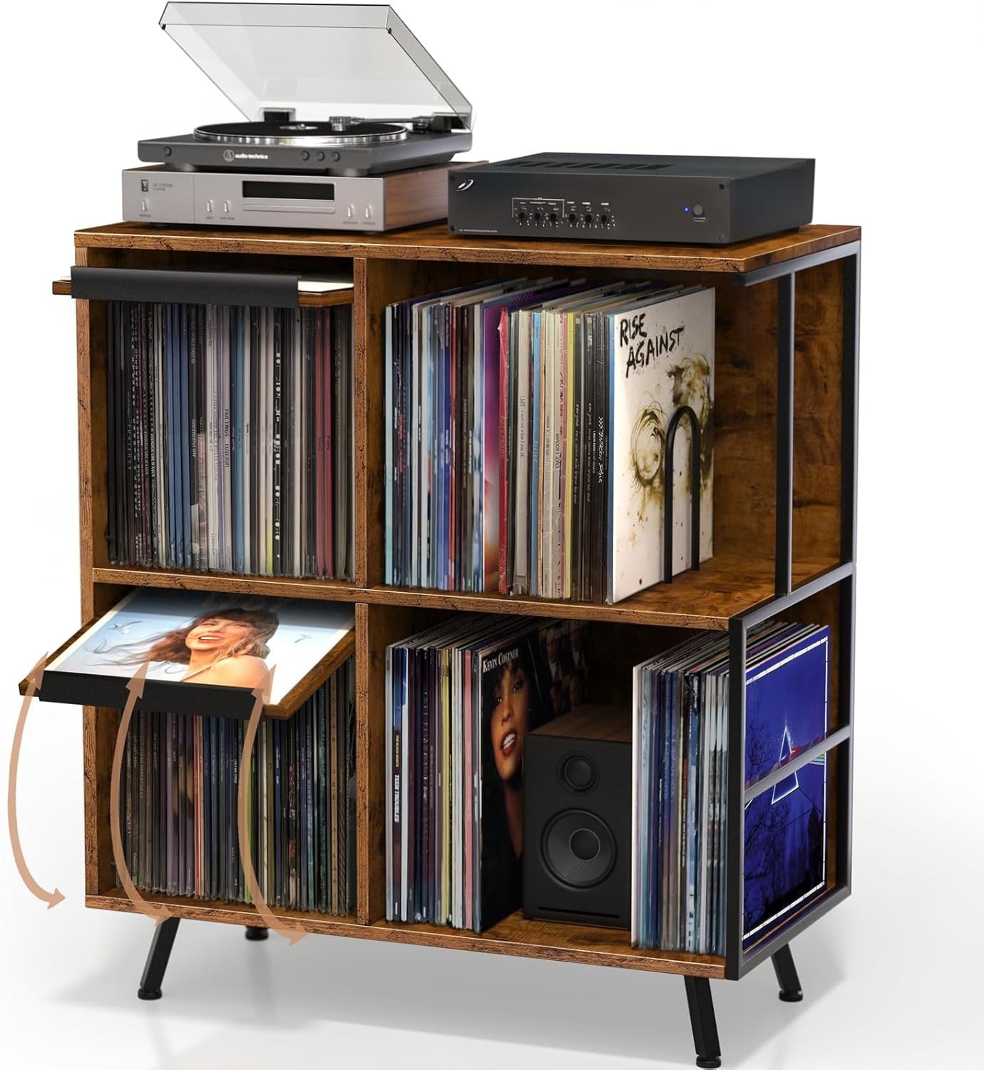 3 Tier Flip Top Record Player Stand, Vinyl Record Storage Holds up to 300+ Albu