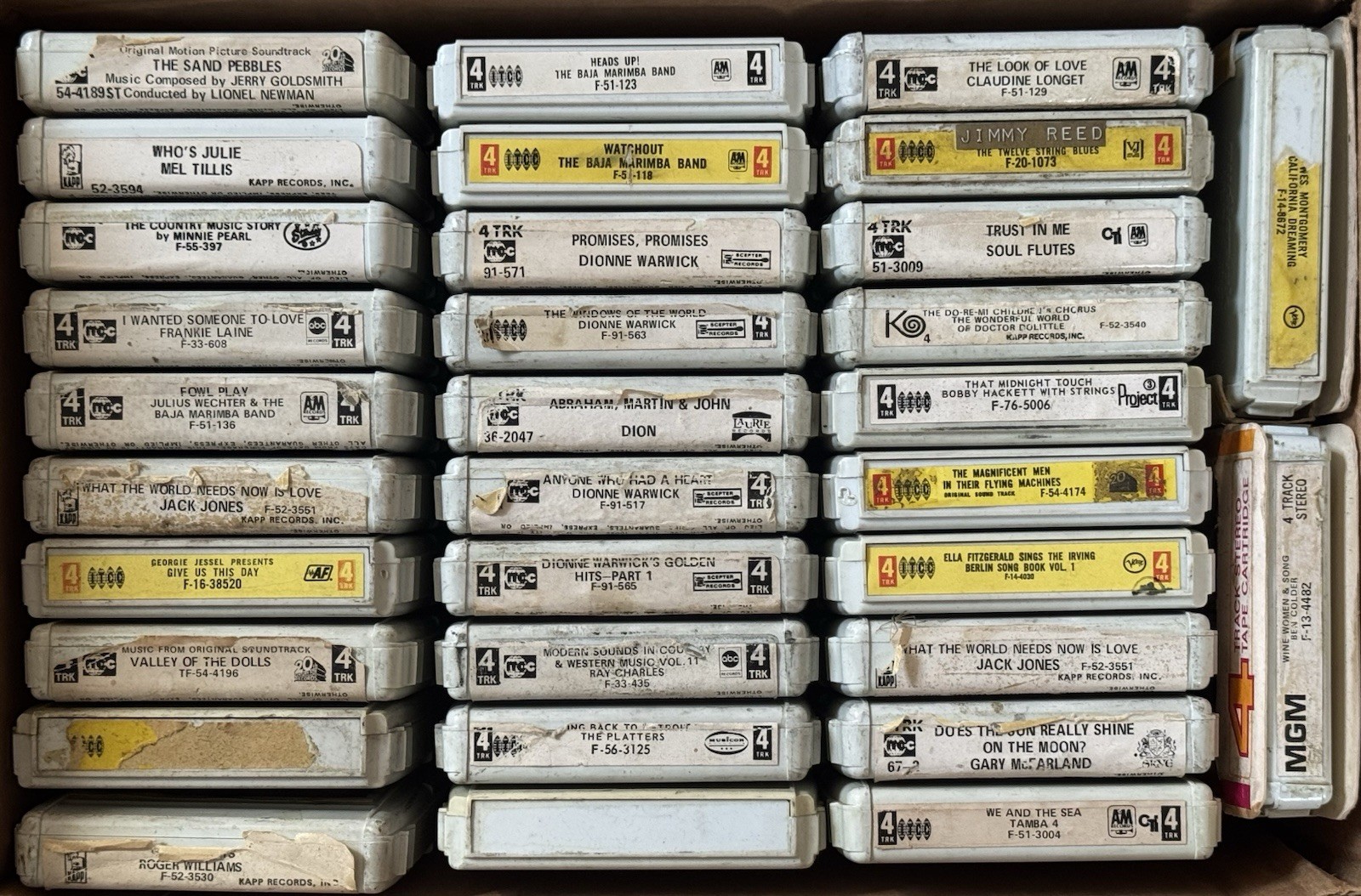 Lot Of 32 Random ITCC 4 Track Cartridges Dion, Dionne Warwick, Platters Etc