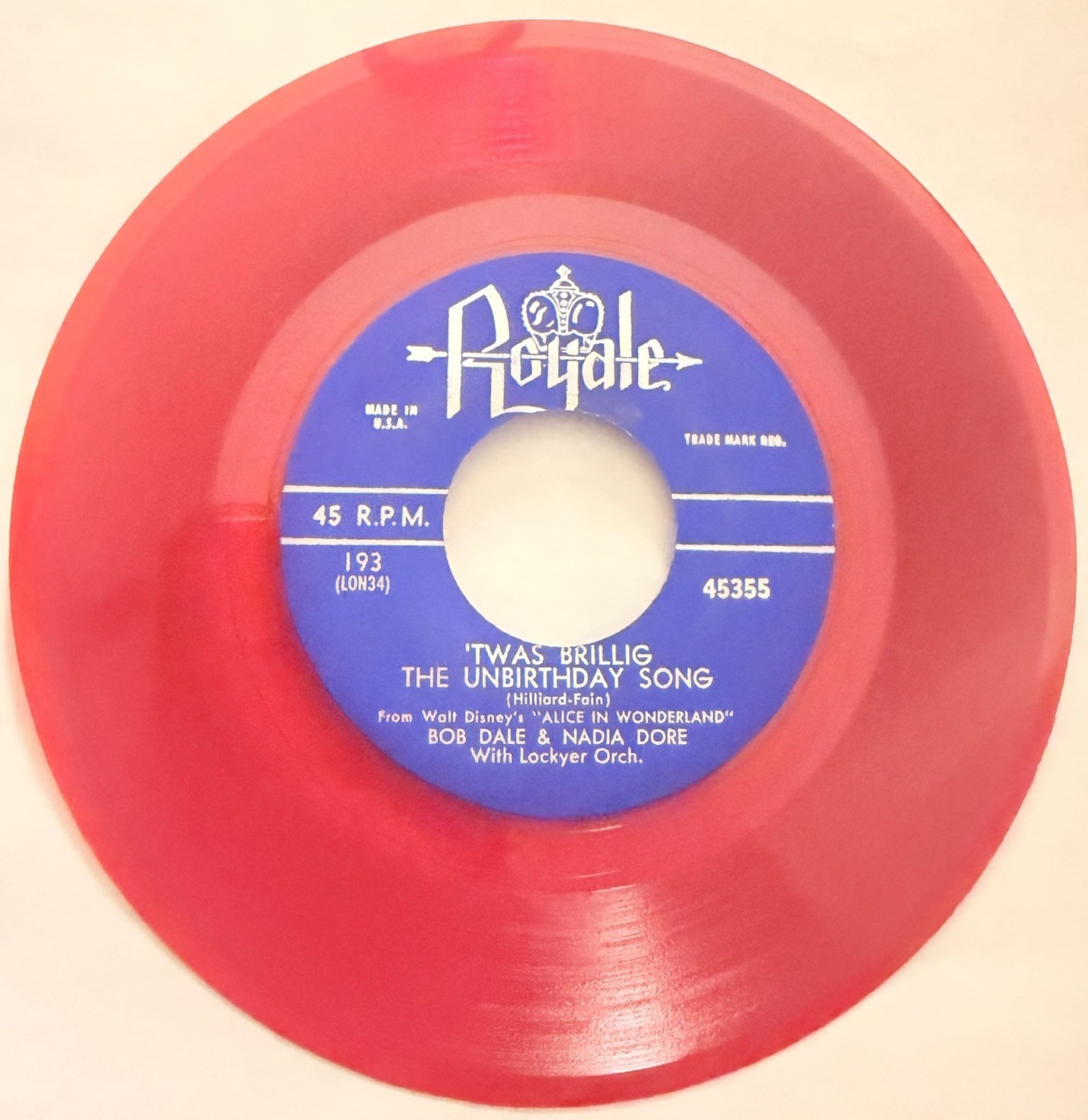 Royale ‘Twas Brilling The Unbirthday Song LON35 Disney Rare Vinyl 45 EX