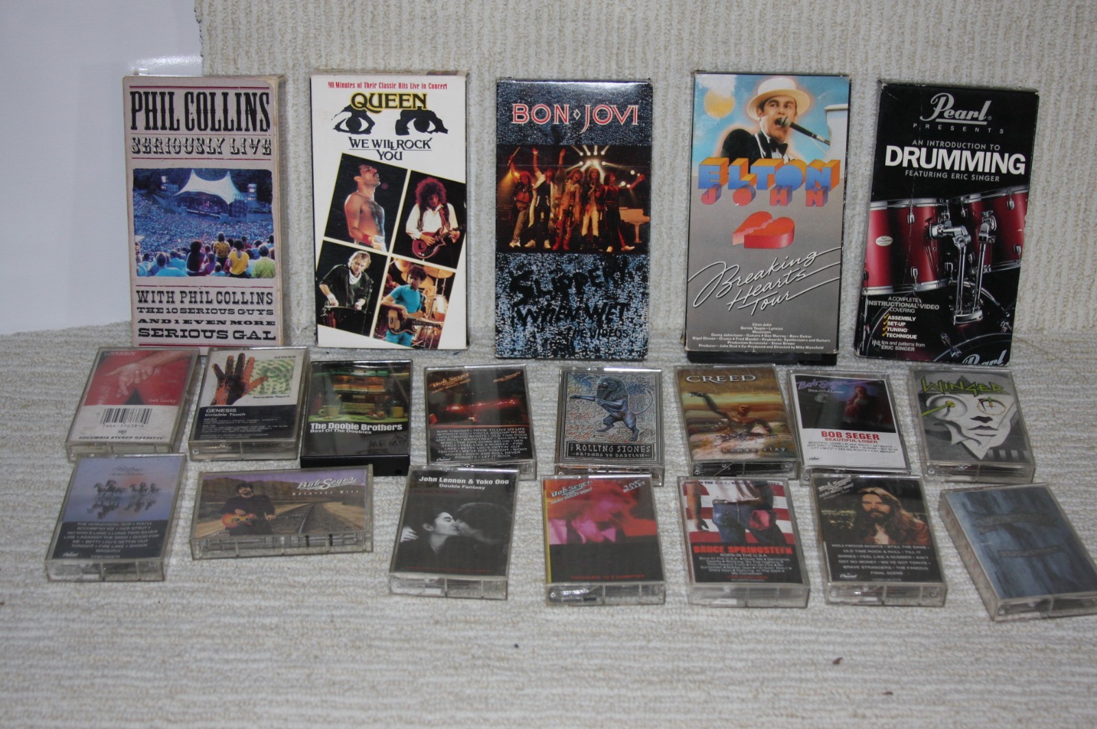 Huge Vintage Music Lot: 17 Cassette Tapes & 5 VHS Tapes Rock Pop Metal Stones