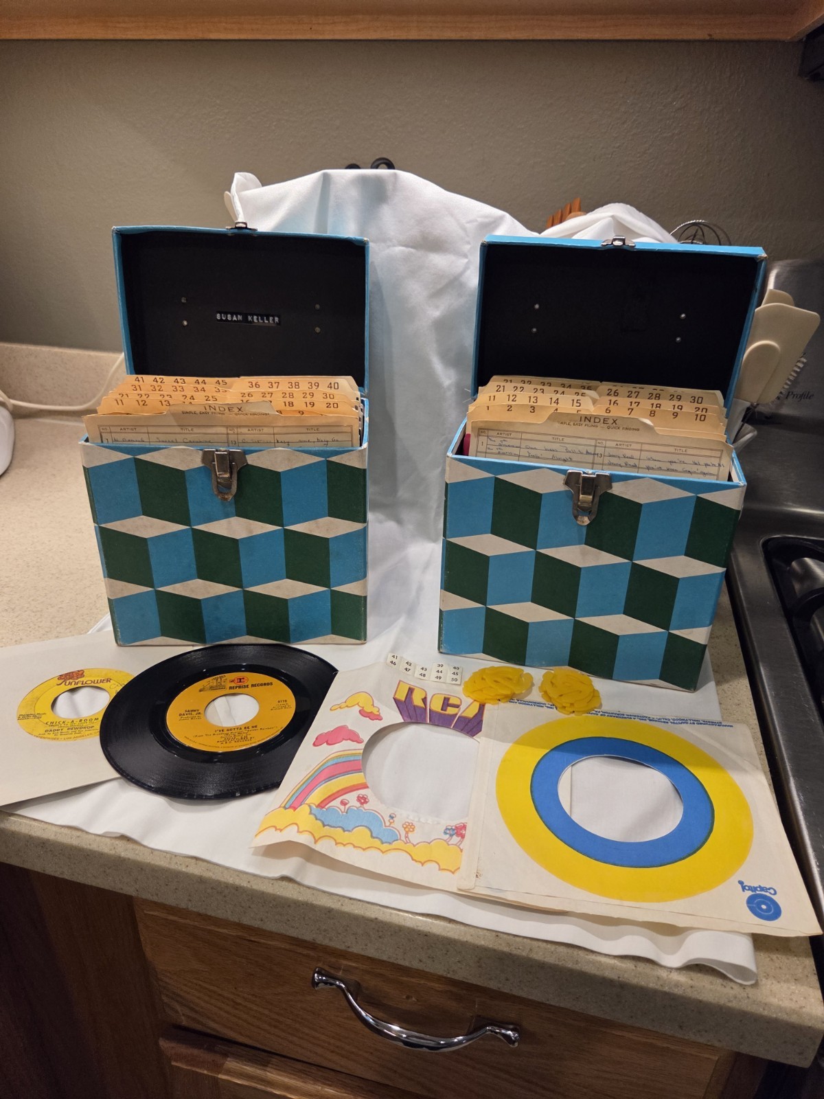 two Vintage 1960s Psychedelic Vinyl Record Case filled with 45's
