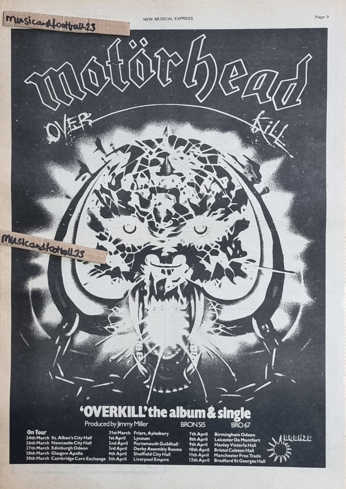 MOTÖRHEAD OVERKILL + THE SKIDS INTO THE VALLEY Advert 1979 16½\