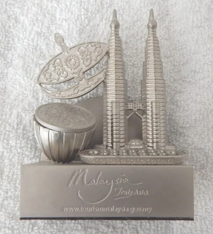 Malaysia Souvenir Silver Metal Napkin/Mail Holder - Petronas, Drum (4 x 3 in)