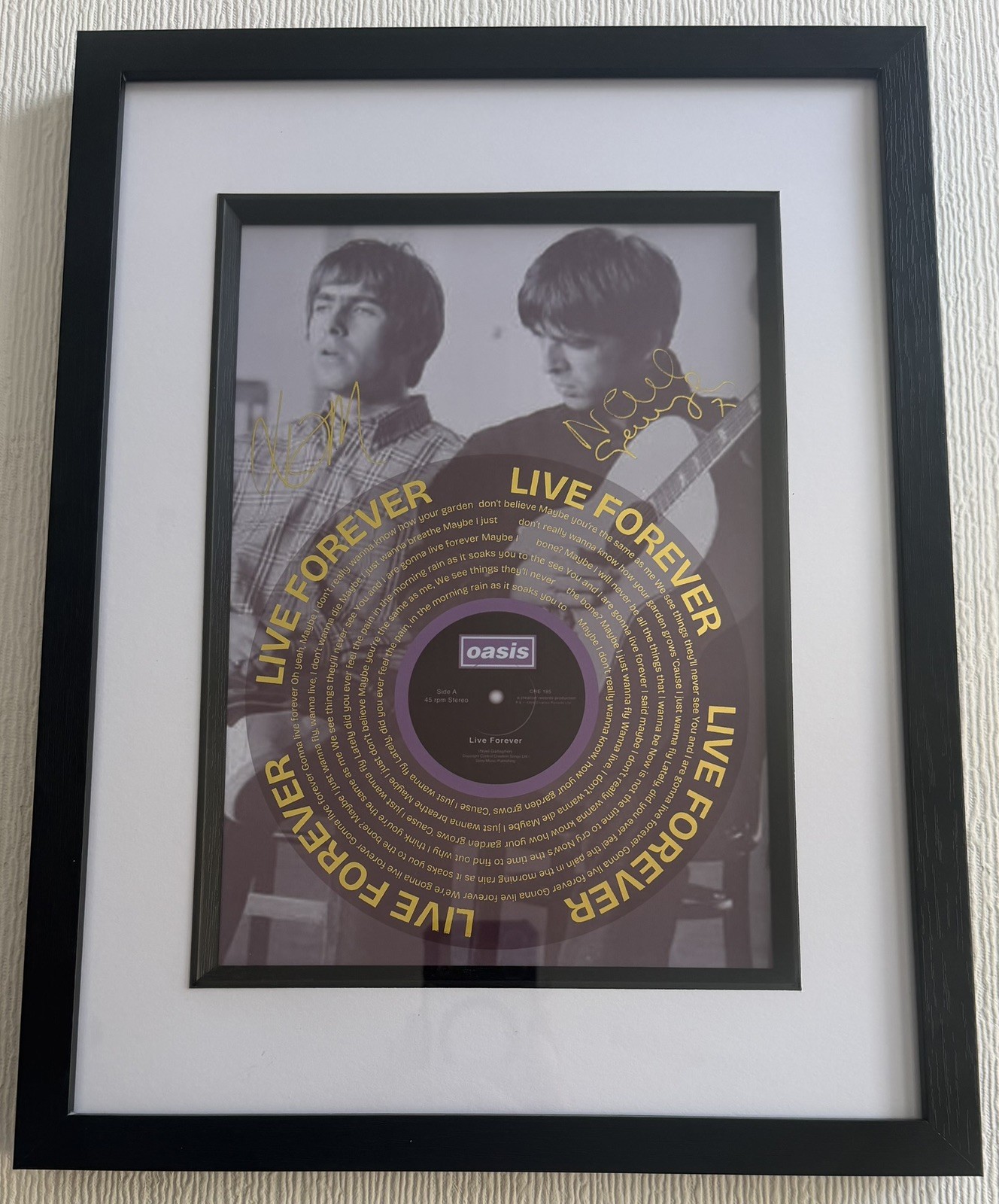 Framed Gold Foiled Wall Art Print Record Lyrics - Oasis Live Forever