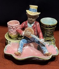 Vintage Colorful Ceramic Banjo Player Figurine with Decorative Tray & Two Holder picture