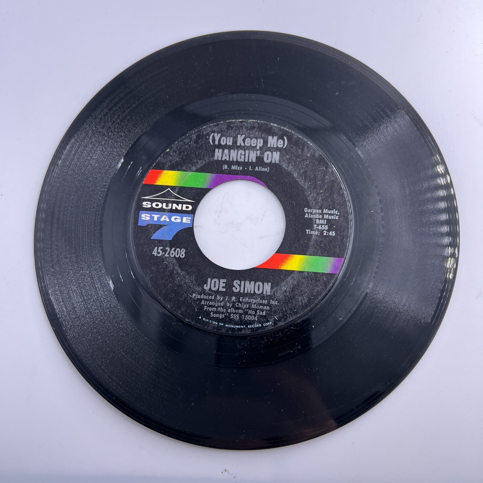 Vinyl 45 RPM Record - Joe Simon Hangin\' On / Long Hot Summer