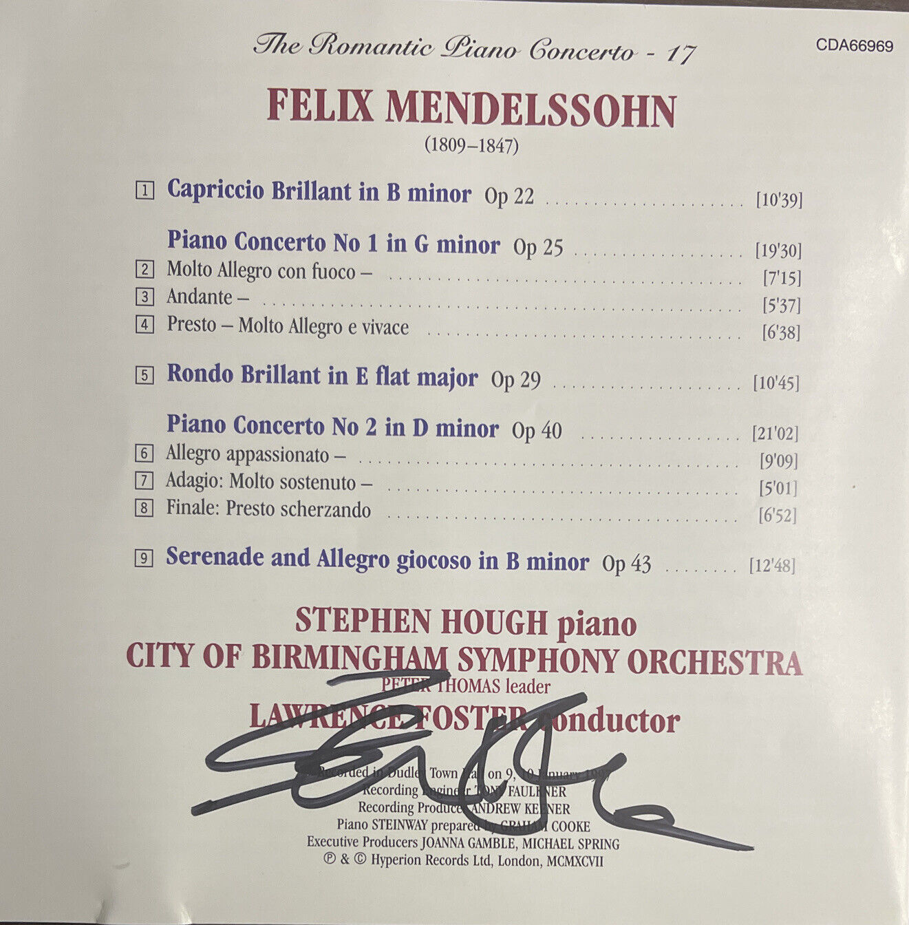 AUTOGRAPHED By Lawrence Foster-Piano Concertos 1 & 2 by Stephen Hough (CD, 1997)