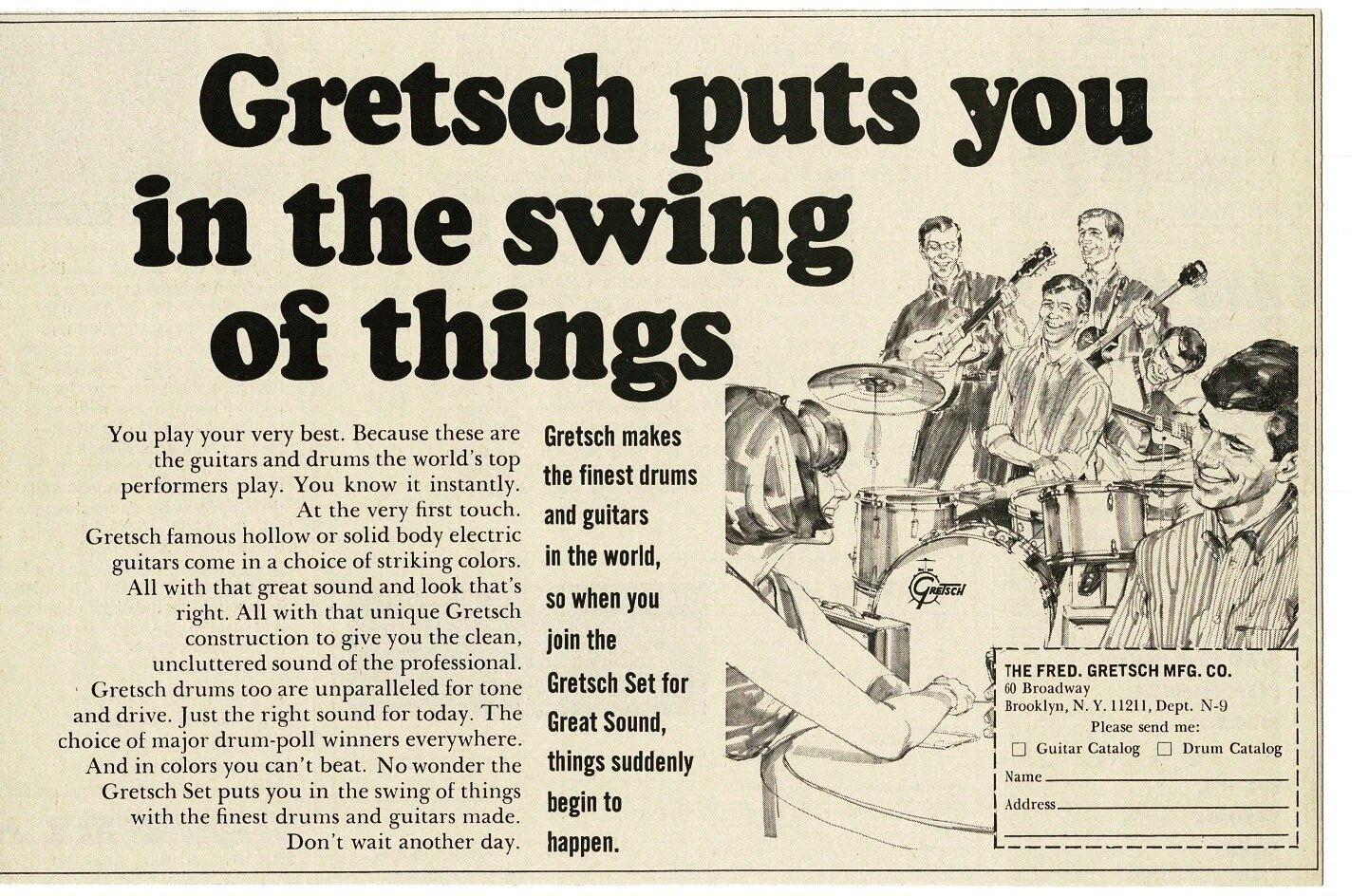 1966 GRETSCH Drums Guitars line art drawing Vintage Print Ad
