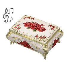 Vintage Music Box, Beige Metal Musical Jewelry Box Keepsake Red Rose picture