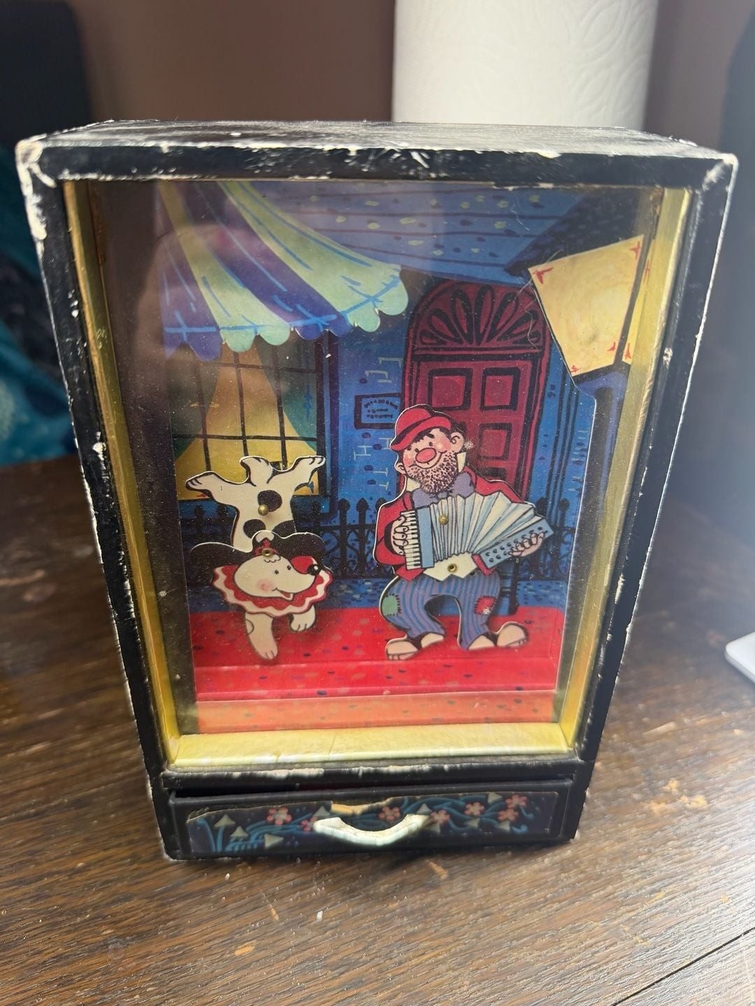 Ingrid Vintage Music Box Switzerland Accordion Player and Dancing Dog Shadow Box