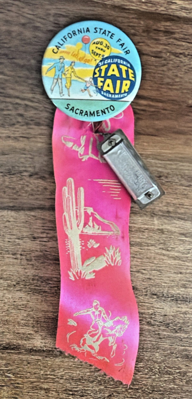1940 California State Fair Sacramento Pinback Ribbon Lucky Harmonica Japan
