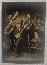 RARE - TINTYPE PHOTO ~ COUNTRY MUSICIANS, BANJO, HORN, FIDDLE, GUITAR - 1870s picture