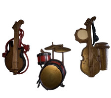 MCM Sexton Musical Instruments Decor Metal Wall Plaques Drums Guitar Set of 3 picture
