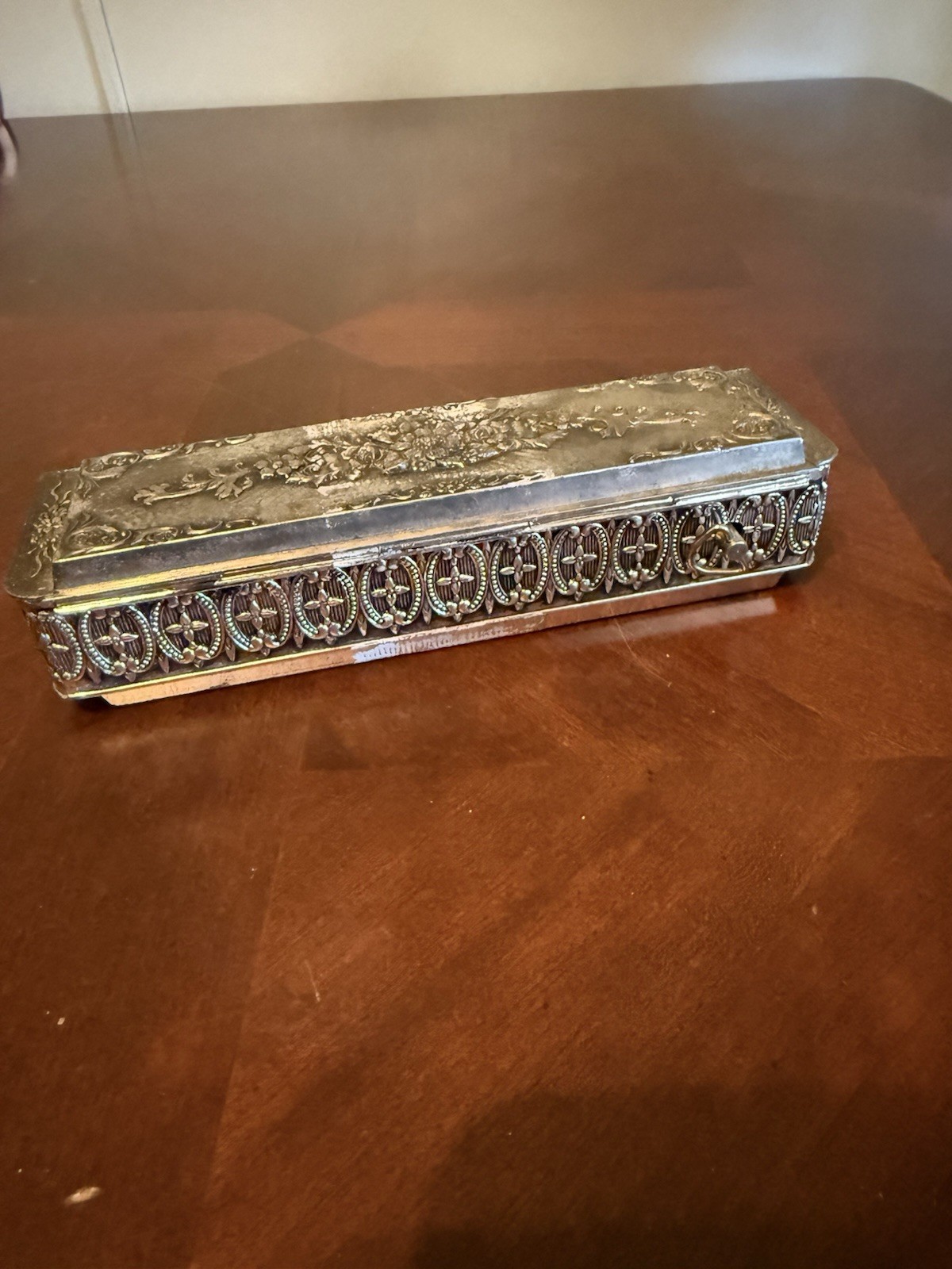 Vtg 50’s Victorian Musical Silverplate Jewelry Trinket Box Red Velvet Japan