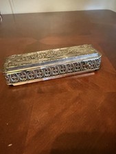 Vtg 50’s Victorian Musical Silverplate Jewelry Trinket Box Red Velvet Japan picture
