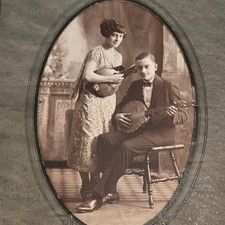 Antique Studio Photo Musical Duo Couple Banjo Mandolin Guitar Edwardian Fashion picture