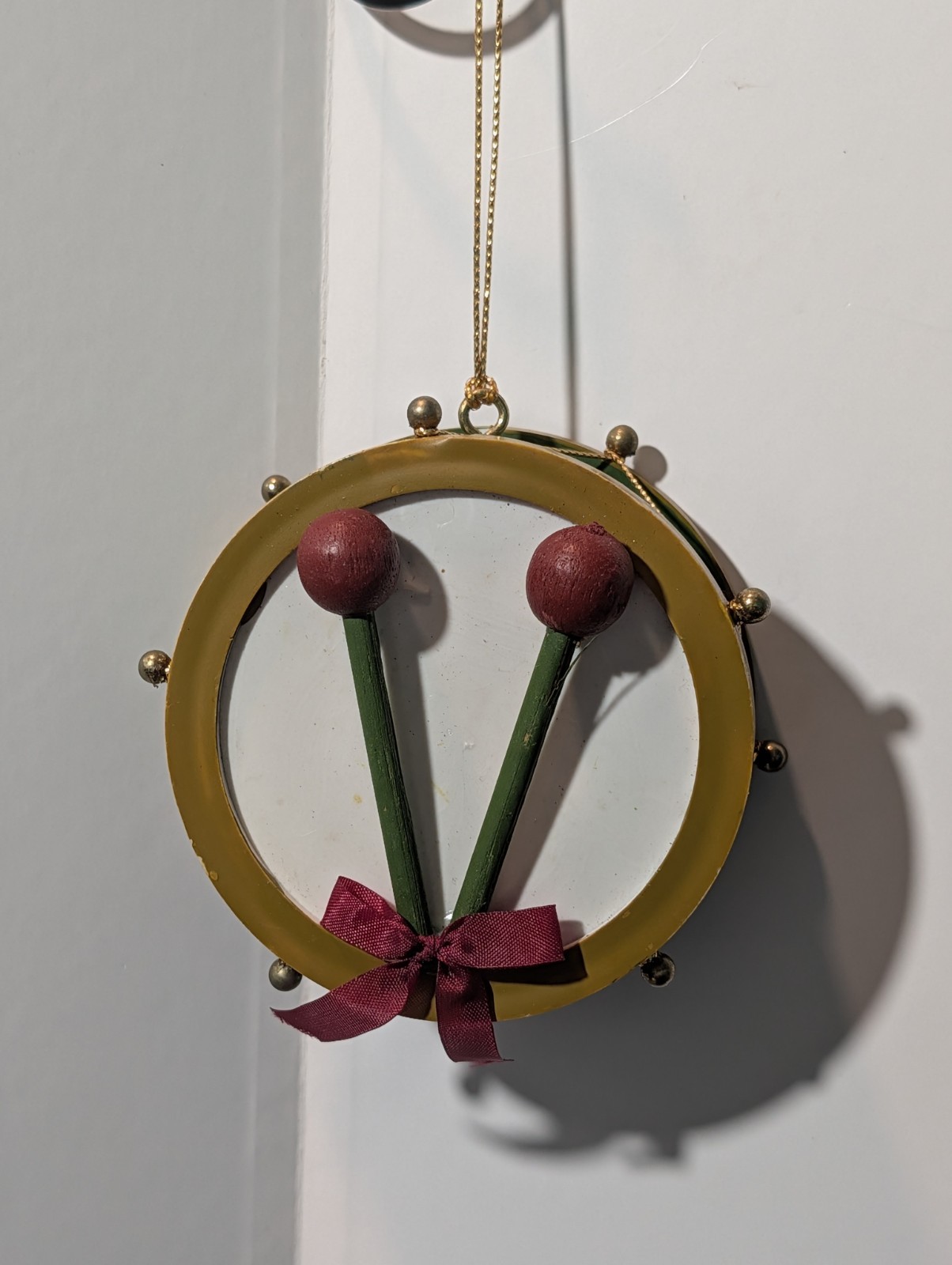 Gold & Dark Green Felt Snare Drum Unique Christmas Ornament 3 1/4\