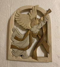 Vintage Folk Art Wooden Painted Angel Playing Trumpet Wall Hanging picture
