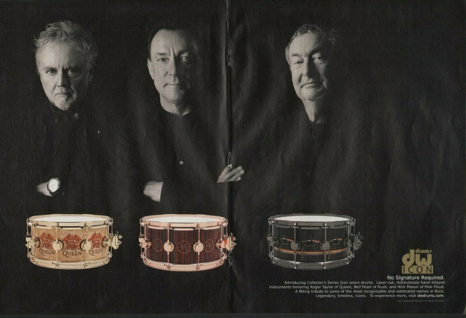 2014 Print Ad of DW Icon Snare Drums Roger Taylor, Neil Peart RUSH, Nick Mason