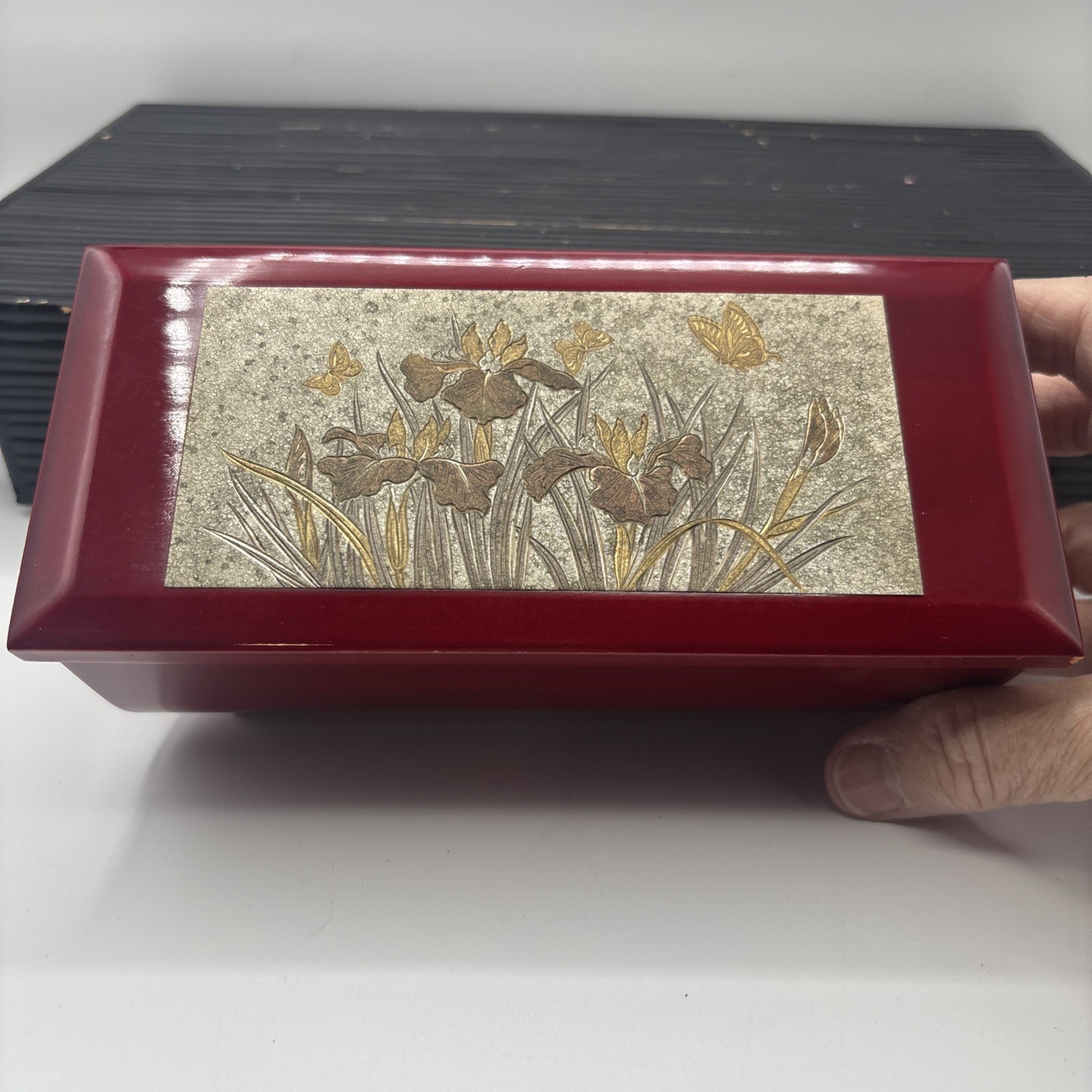 Vintage Westland Co. Art Of Chokin Etched Metal Wood Music Box Works Laura Theme
