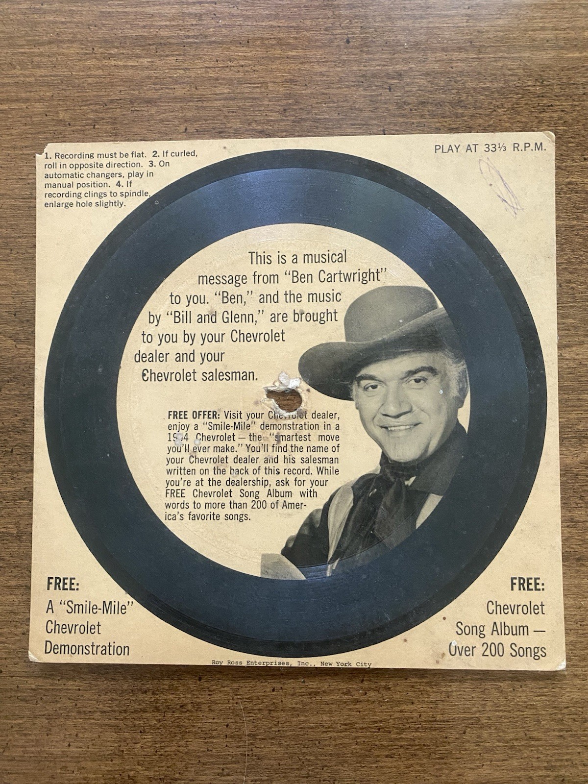 1964 Corvette Lorne Greene Bonanza Chevrolet 6” Flex-Disc 33 RPM Record EC Demo