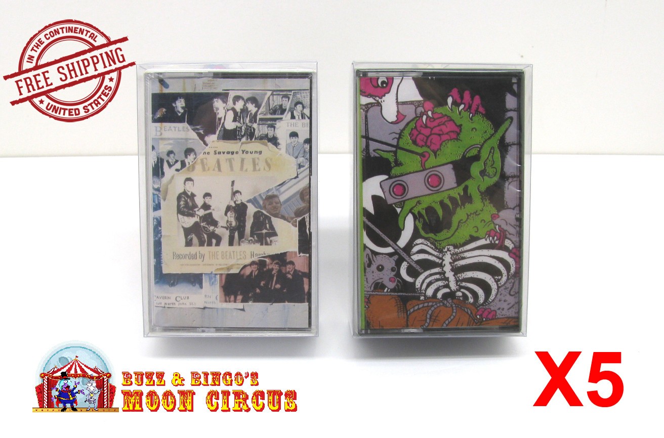 5x DOUBLE CASSETTE TAPE (OLD) (SIZE B)-CLEAR PLASTIC PROTECTIVE SLEEVE (READ)