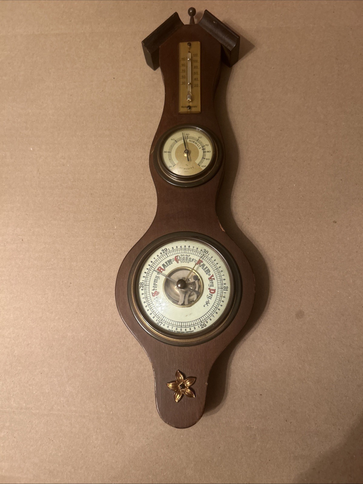 Vintage Banjo Style Wood & Brass Weather Station Barometer Western Germany 12”